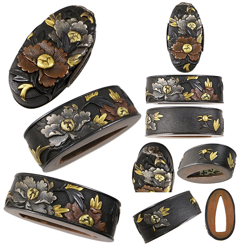 【赤銅七々子地牡丹図縁頭】日本刀専門店【十拳-TOKKA-】刀装小道具･刀装金工･鐔･縁頭･目貫･小柄