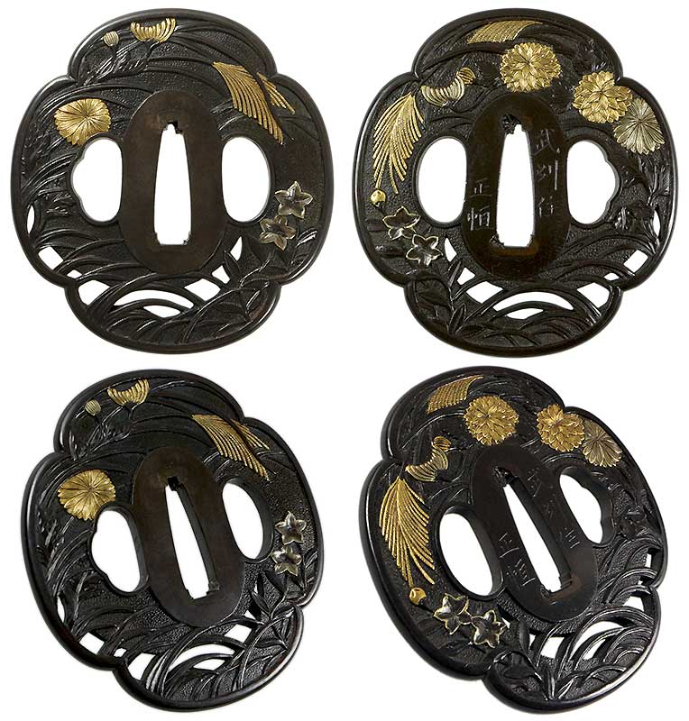 赤銅石目地菊桔梗すすき図金工鐔　銘／武州住正恒 日本刀専門店【十拳-TOKKA-】NIHONTO KATANA SWORD FITTINGS ･鐔･縁頭･目貫･小柄