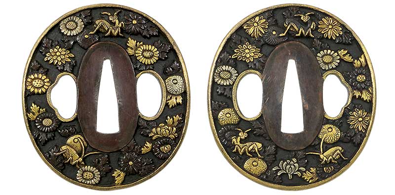 赤銅地菊花秋虫図 美濃金工鐔 日本刀専門店【十拳-TOKKA-】NIHONTO KATANA SWORD FITTINGS ･鐔･縁頭･目貫･小柄