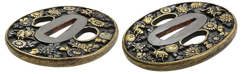 赤銅地菊花秋虫図 美濃金工鐔 日本刀専門店【十拳-TOKKA-】NIHONTO KATANA SWORD FITTINGS ･鐔･縁頭･目貫･小柄