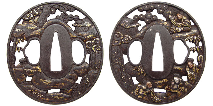 鉄地高士清遊図鐔　無銘（彦根）